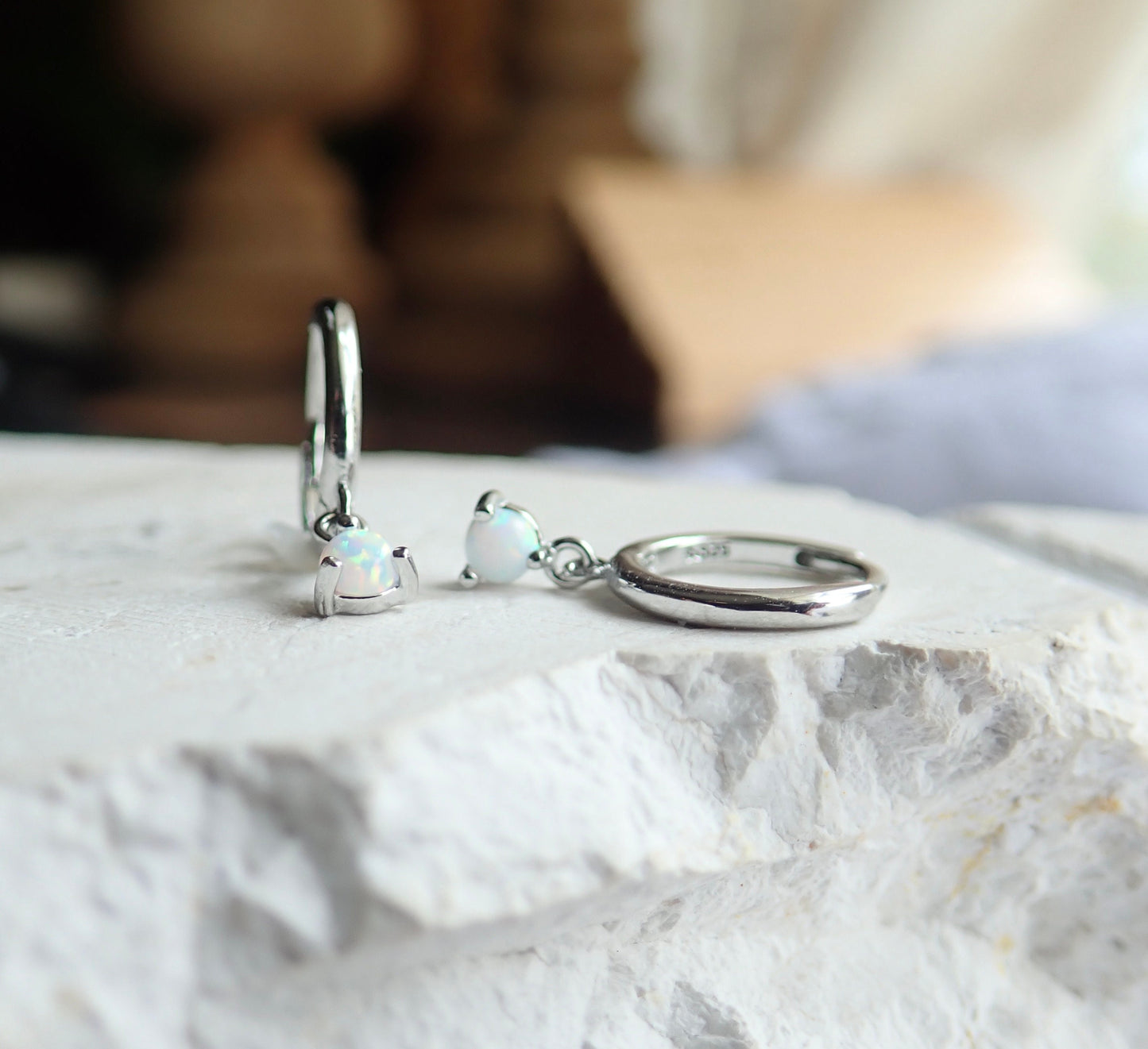 Tiny White Opal Huggie Hoop Earrings - Sterling Silver Opal Charm Dangle Hoops, October Birthstone Gift for Her