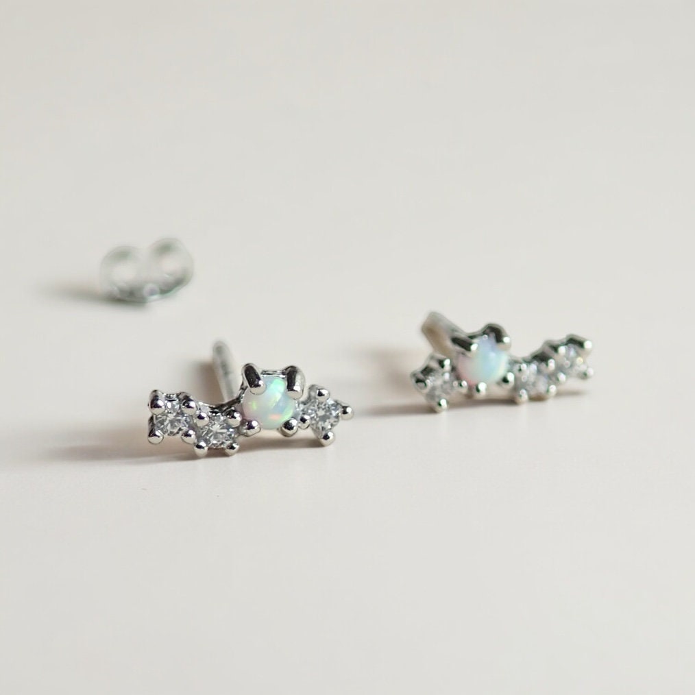 Tiny CZ Opal Climber Stud Earrings – Gold Vermeil Minimalist Ear Crawlers - Stackable Earrings, Hypo-Allergenic October Birthstone Gift
