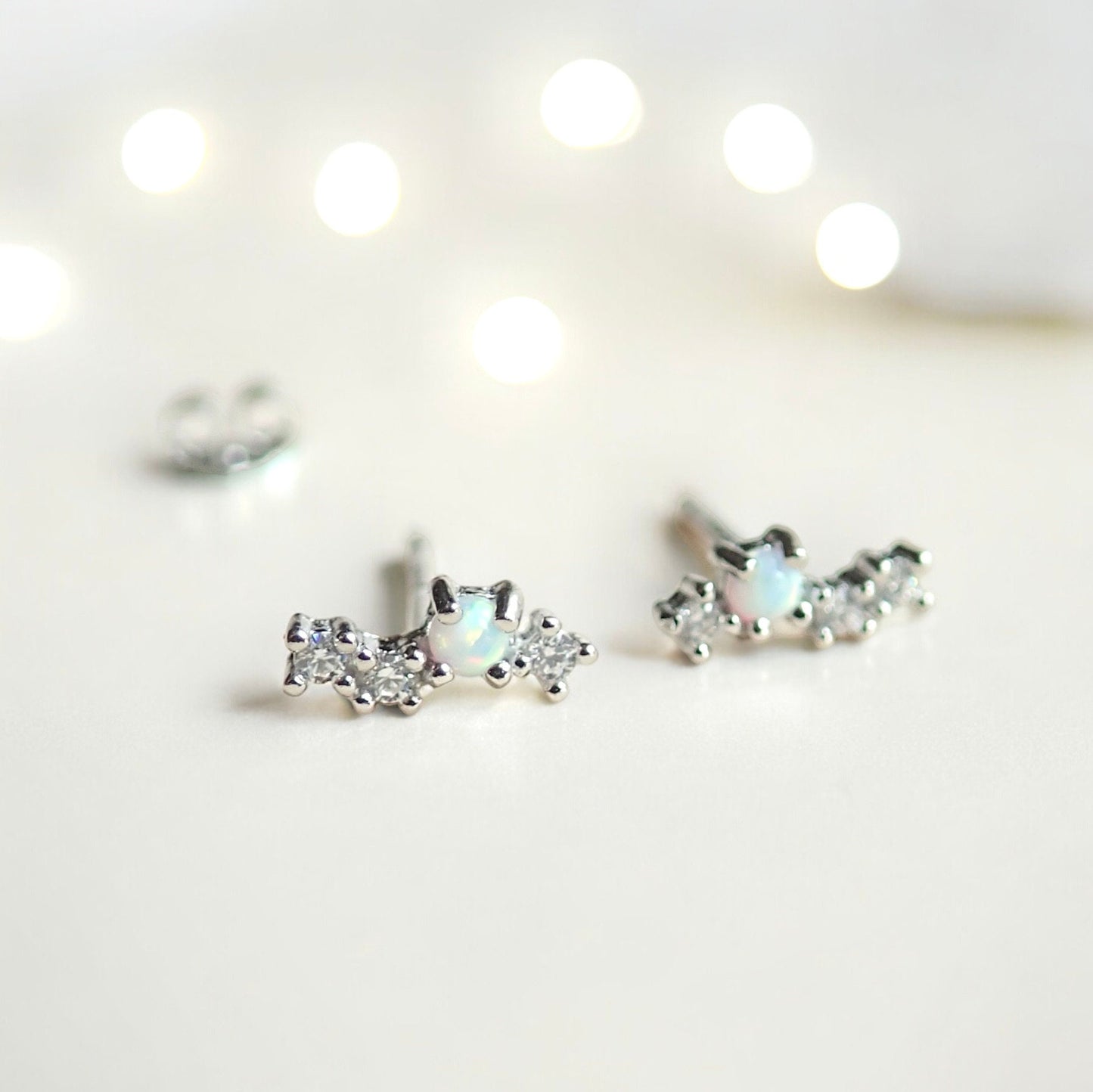 Tiny CZ Opal Climber Stud Earrings – Gold Vermeil Minimalist Ear Crawlers - Stackable Earrings, Hypo-Allergenic October Birthstone Gift