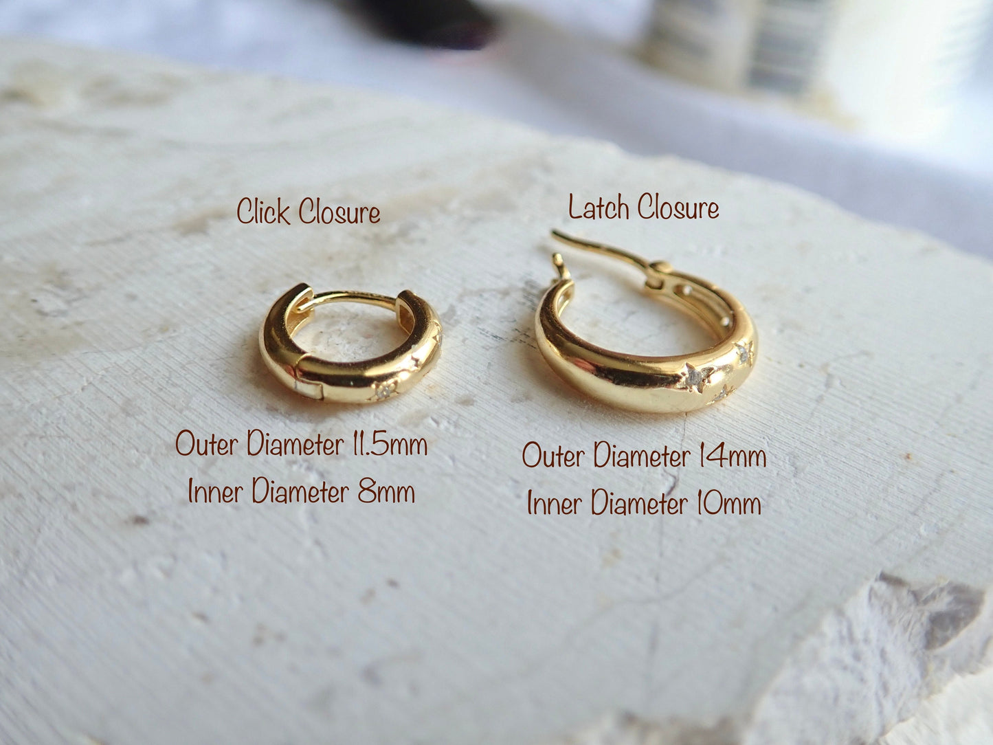 Dainty Gold Vermeil Hoop Earrings – CZ Star Detail, Hypoallergenic- 14k Gold over Sterling Silver