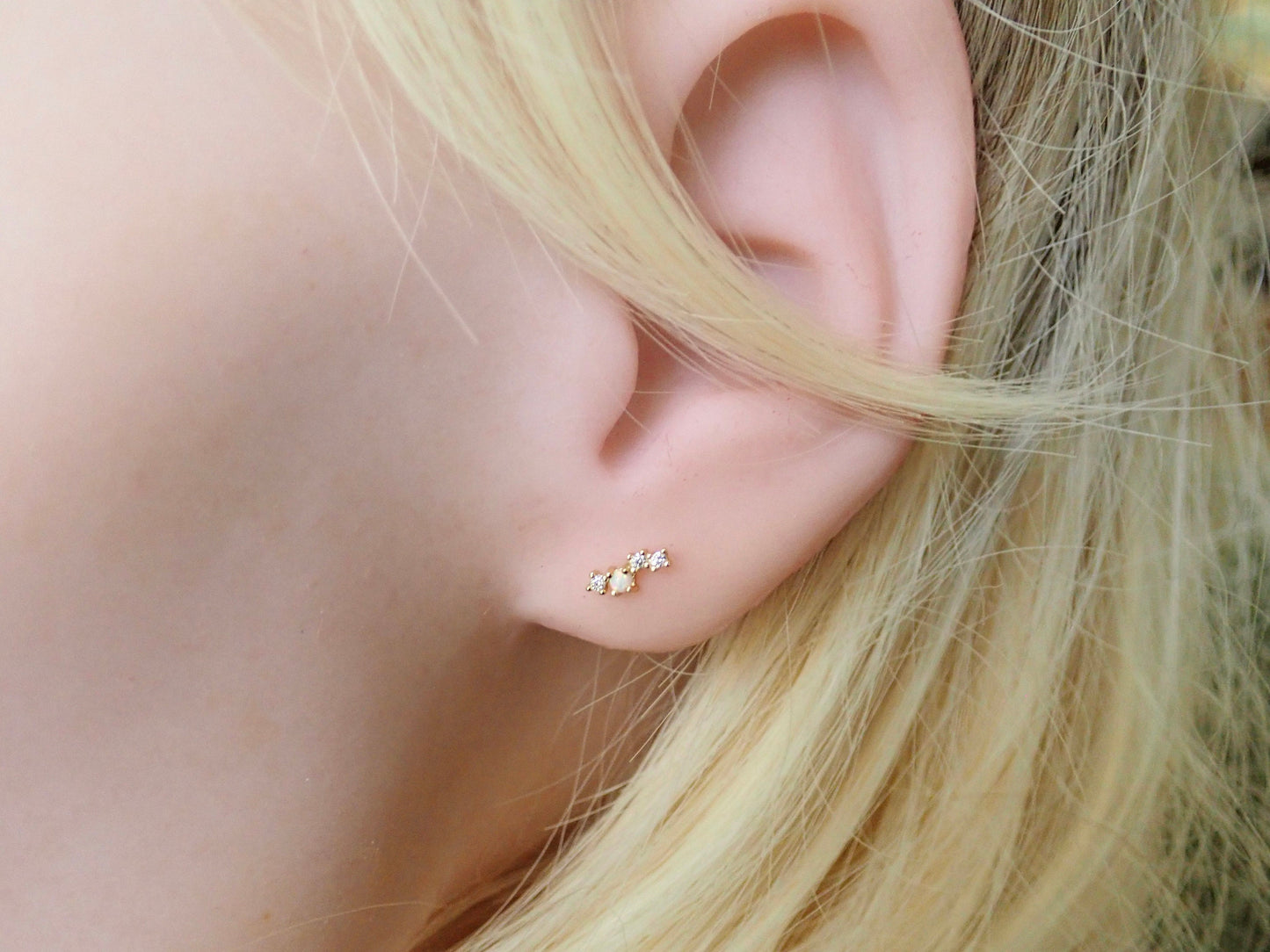 Tiny CZ Opal Climber Stud Earrings – Gold Vermeil Minimalist Ear Crawlers - Stackable Earrings, Hypo-Allergenic October Birthstone Gift