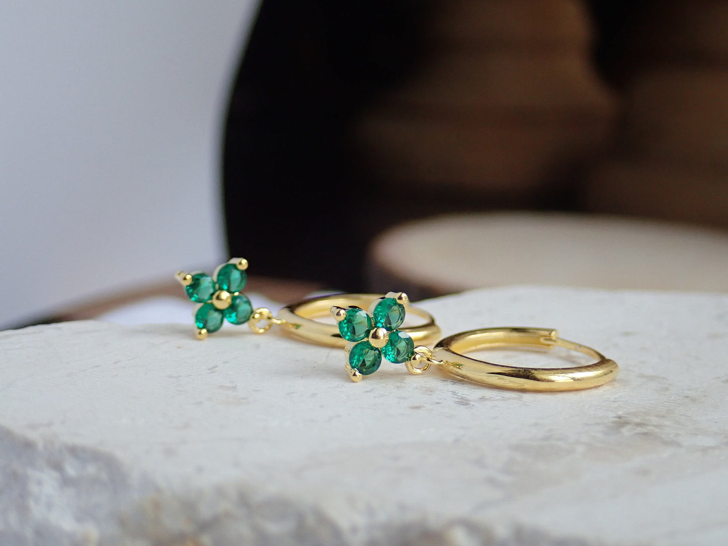 Emerald Green Flower Crystal Huggie Hoops – 14k Gold Vermeil Sterling Silver – Dainty Small Hoop Earrings – May Birthstone Gift for Her