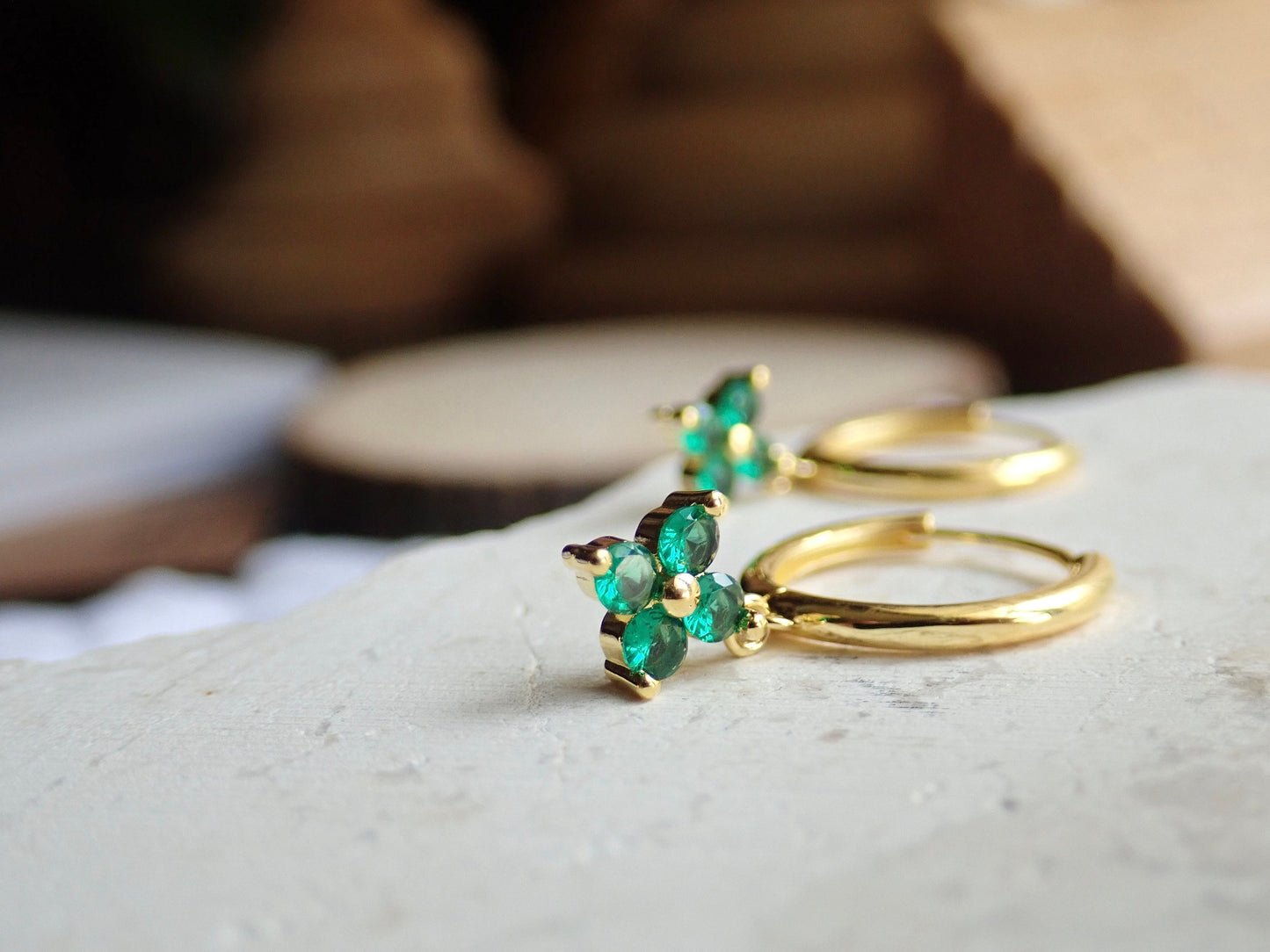Emerald Green Flower Crystal Huggie Hoops – 14k Gold Vermeil Sterling Silver – Dainty Small Hoop Earrings – May Birthstone Gift for Her