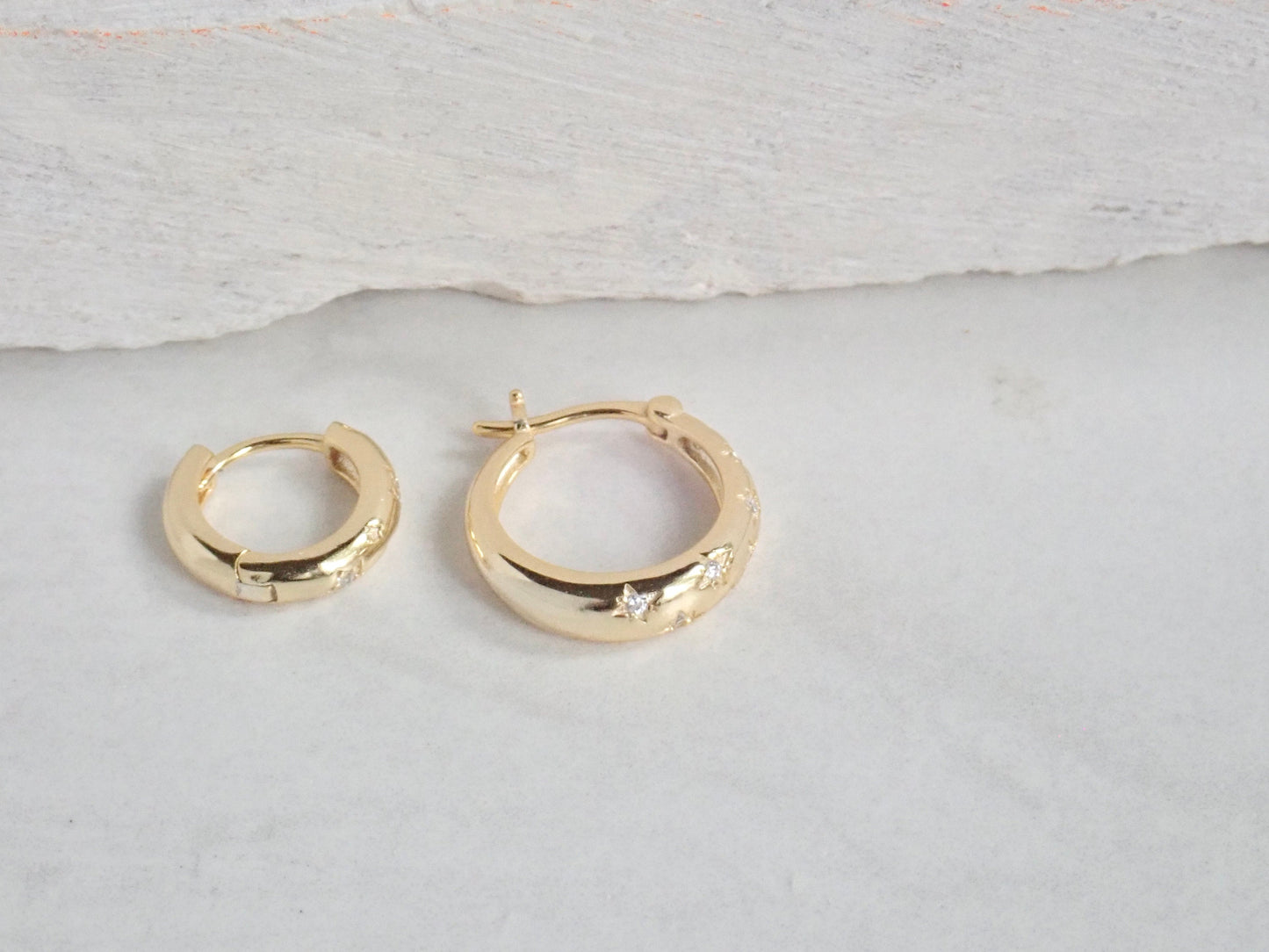 Dainty Gold Vermeil Hoop Earrings – CZ Star Detail, Hypoallergenic- 14k Gold over Sterling Silver