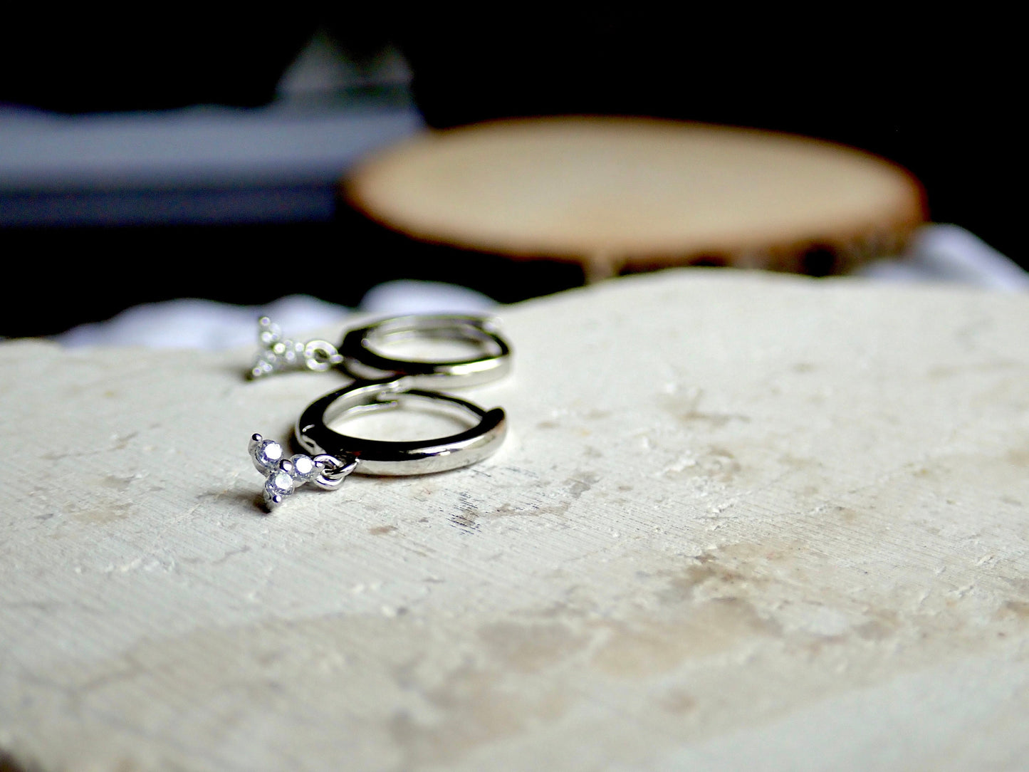 Tiny Huggie Hoop Earrings with Trefoil Crystal Charm – Gold or Sterling Silver