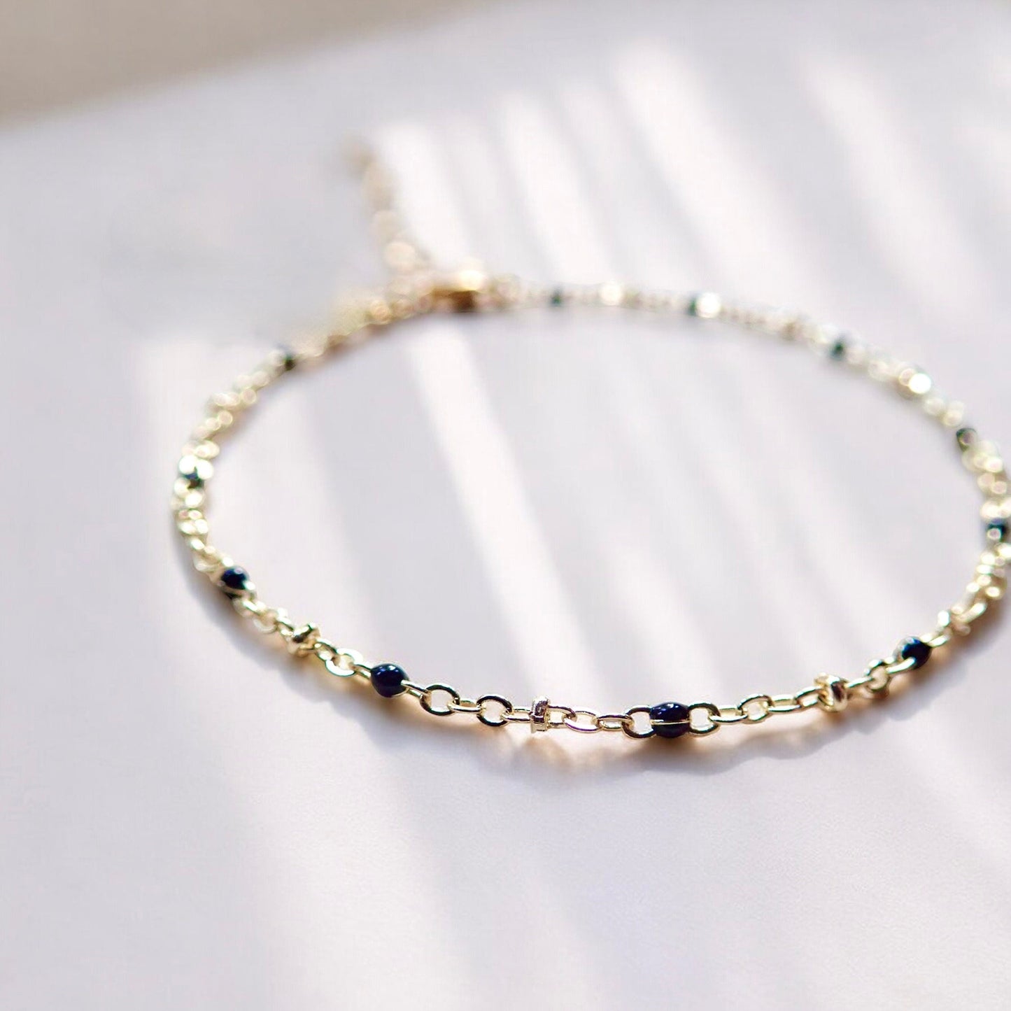 Dainty Black Enamel Gold Chain Anklet |Beaded Satellite Chain Ankle Bracelet