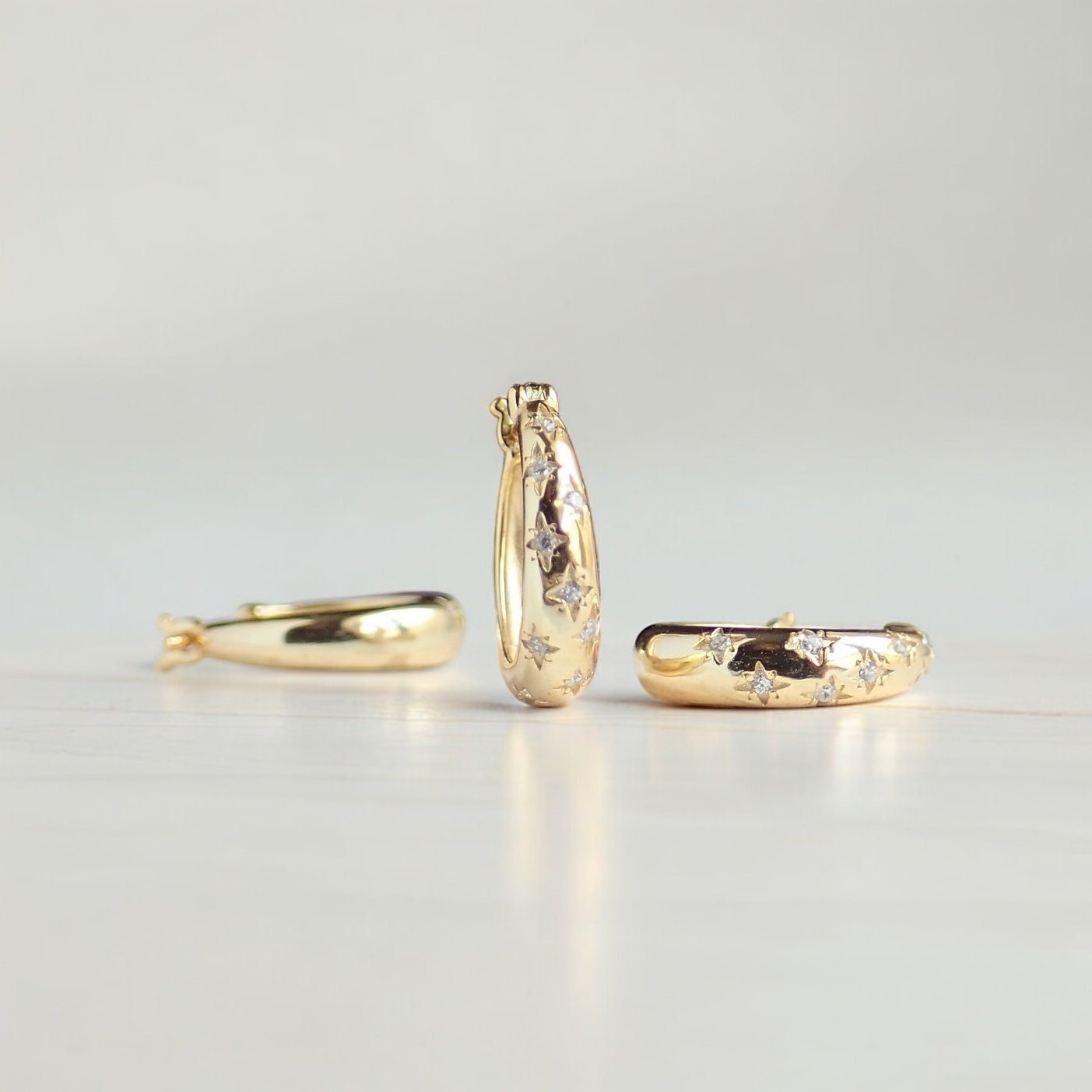 Dainty Gold Vermeil Hoop Earrings – CZ Star Detail, Hypoallergenic- 14k Gold over Sterling Silver