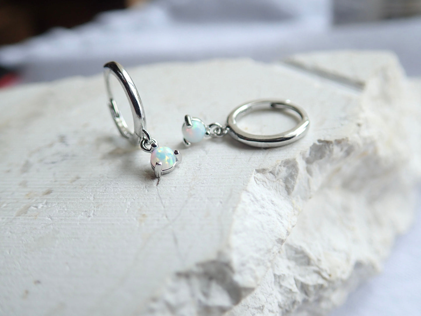 Tiny White Opal Huggie Hoop Earrings - Sterling Silver Opal Charm Dangle Hoops, October Birthstone Gift for Her