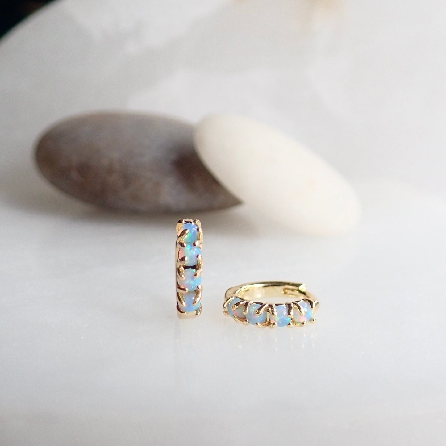 Blue Opal Huggie Hoop Earrings, Small Dainty Gold Hoop Earrings, October Birthstone