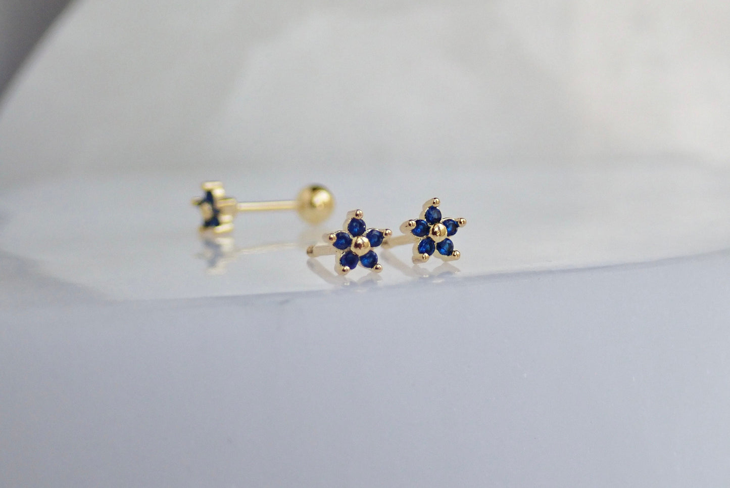 Blue CZ Flower Stud Earrings • Sterling Silver with 14K Gold Plating • Small Screw Back Earrings • Dainty Floral Studs for Second Hole