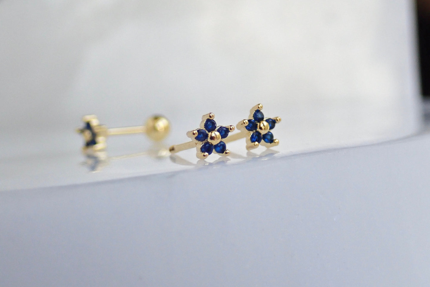 Blue CZ Flower Stud Earrings • Sterling Silver with 14K Gold Plating • Small Screw Back Earrings • Dainty Floral Studs for Second Hole