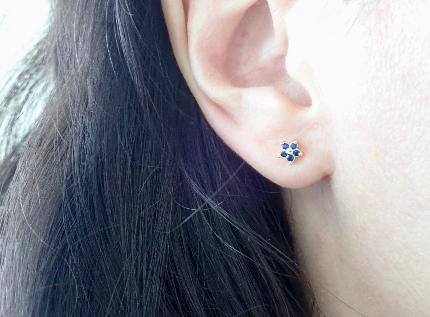 Blue CZ Flower Stud Earrings • Sterling Silver with 14K Gold Plating • Small Screw Back Earrings • Dainty Floral Studs for Second Hole