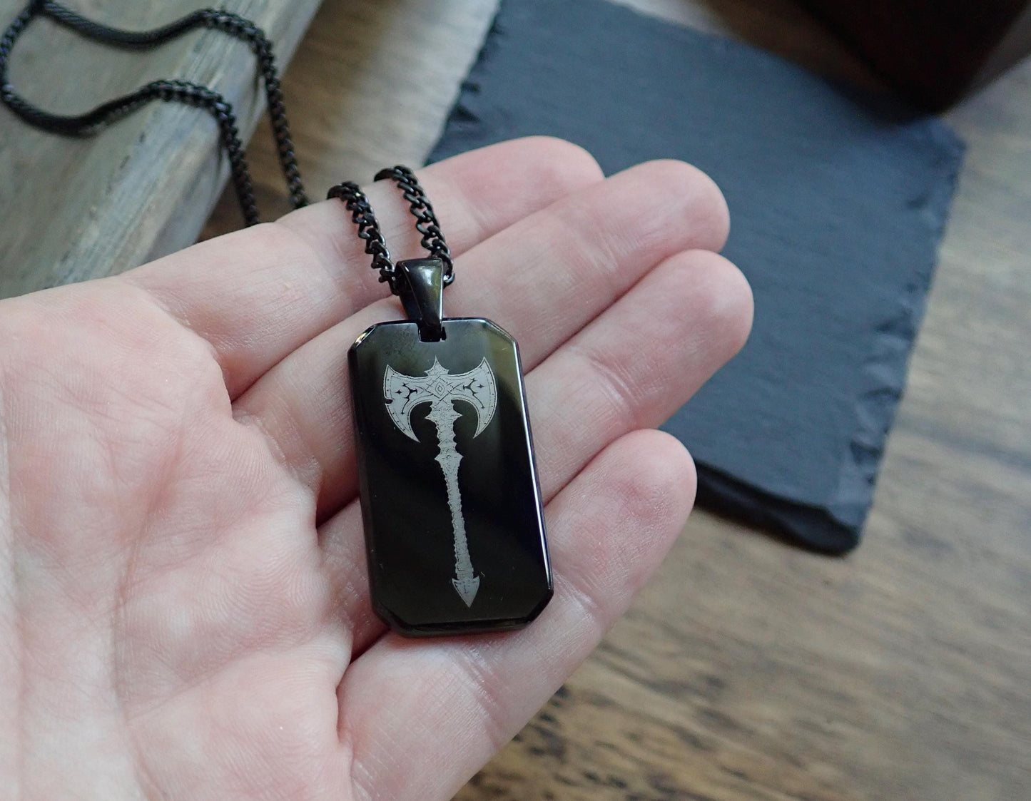 Men’s Black Stainless Steel Dog Tag Necklace – Sword Engraved Pendant with Cuban Chain – Shiny Laser Etched Warrior Jewelry