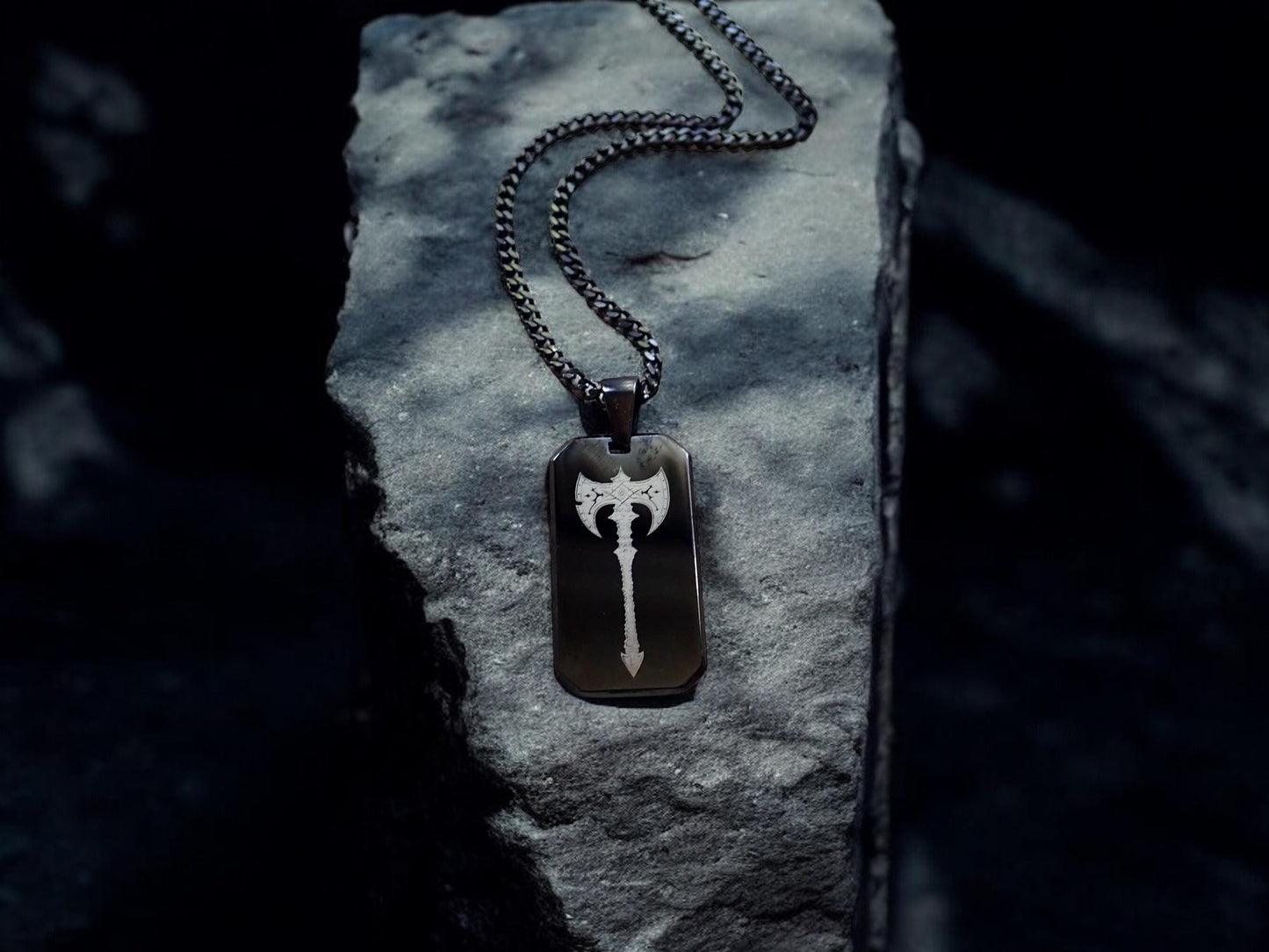 Men's Black Stainless Steel Dog Tag Necklace – Double-Sided Viking Axe Laser Engraved