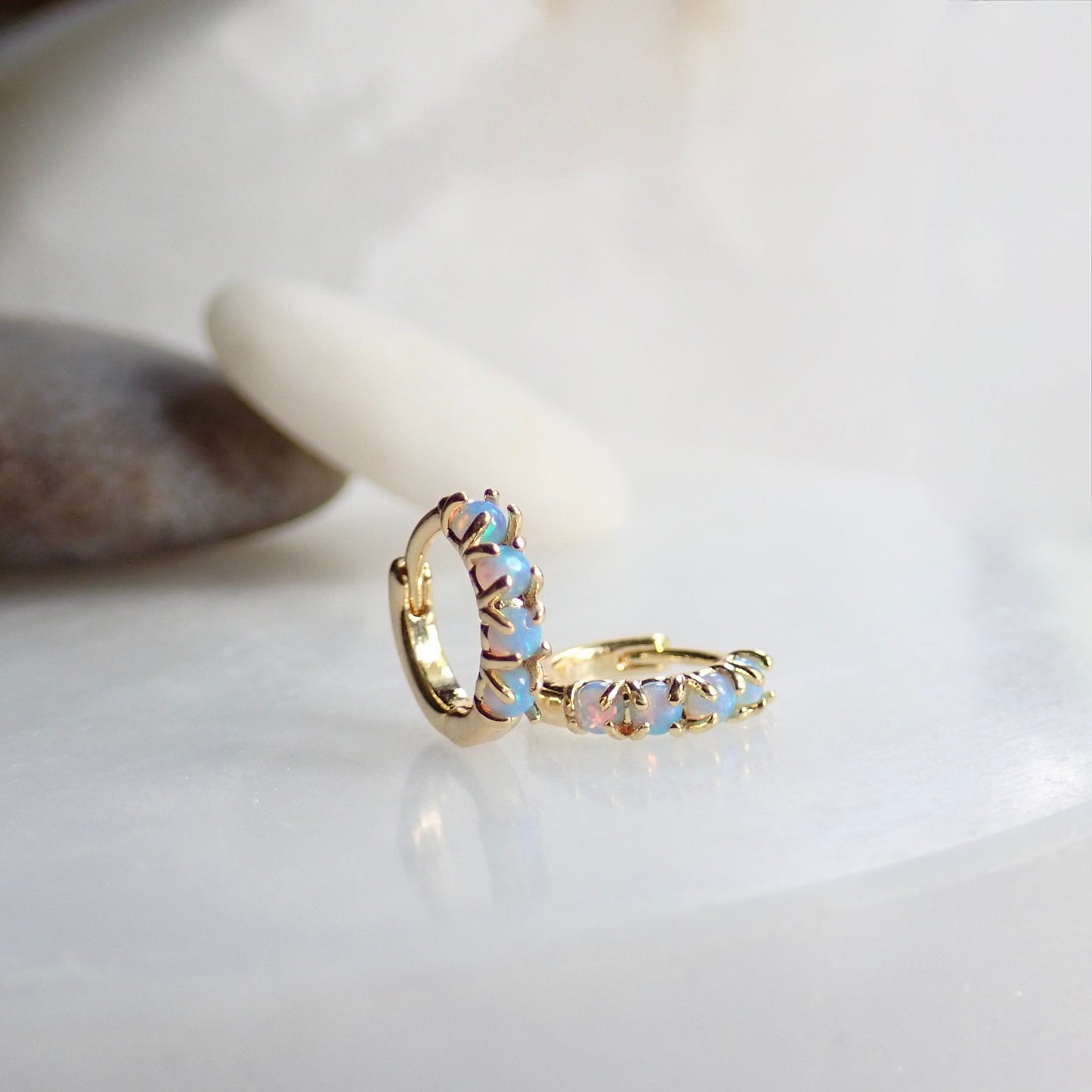 Blue Opal Huggie Hoop Earrings, Small Dainty Gold Hoop Earrings, October Birthstone