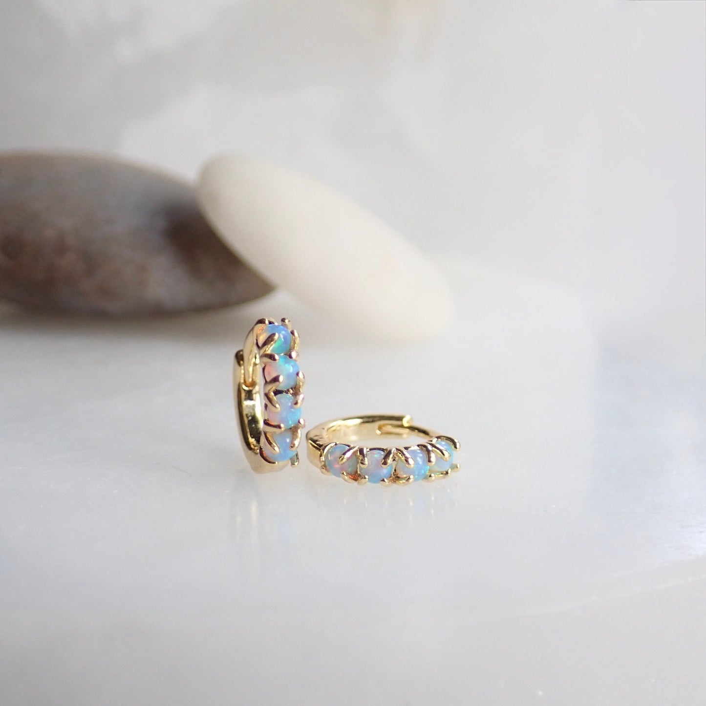 Blue Opal Huggie Hoop Earrings, Small Dainty Gold Hoop Earrings, October Birthstone