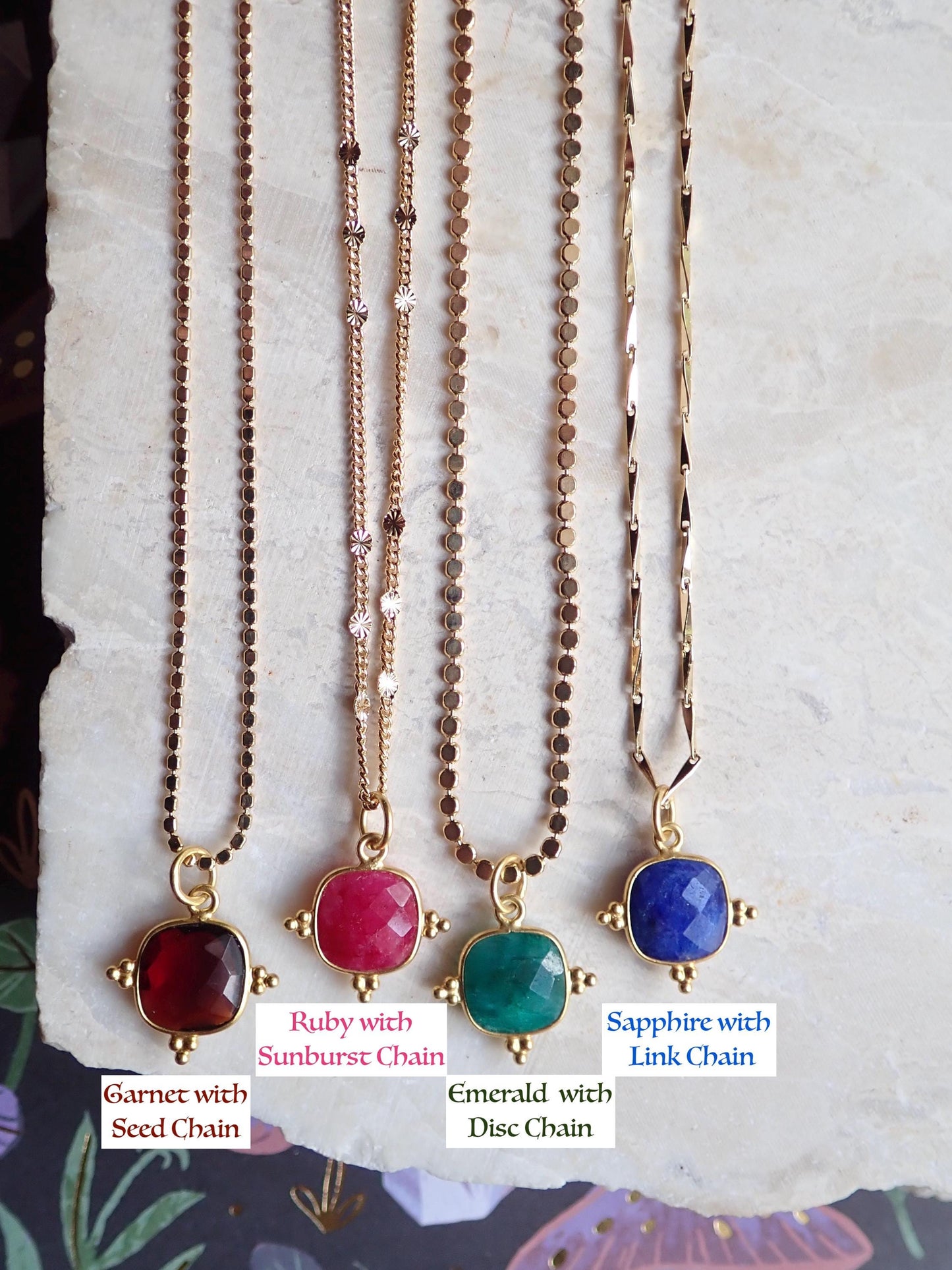 Cushion-Cut Gemstone Necklace – Ruby, Emerald, Garnet, or Sapphire in 14k Gold Fancy Bezel, 18k Gold Fill Chain
