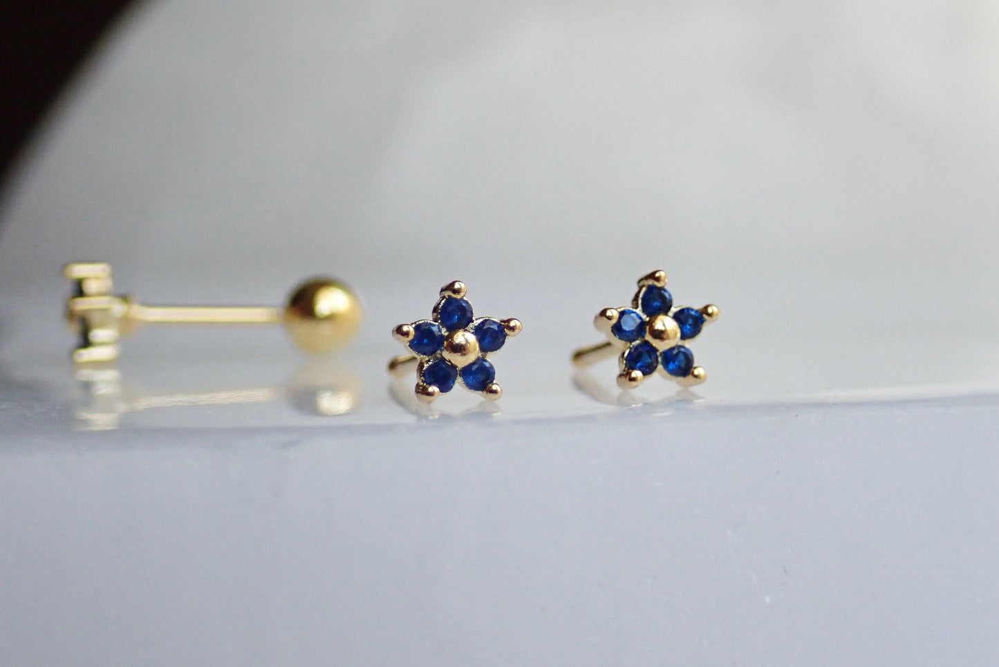 Blue CZ Flower Stud Earrings • Sterling Silver with 14K Gold Plating • Small Screw Back Earrings • Dainty Floral Studs for Second Hole