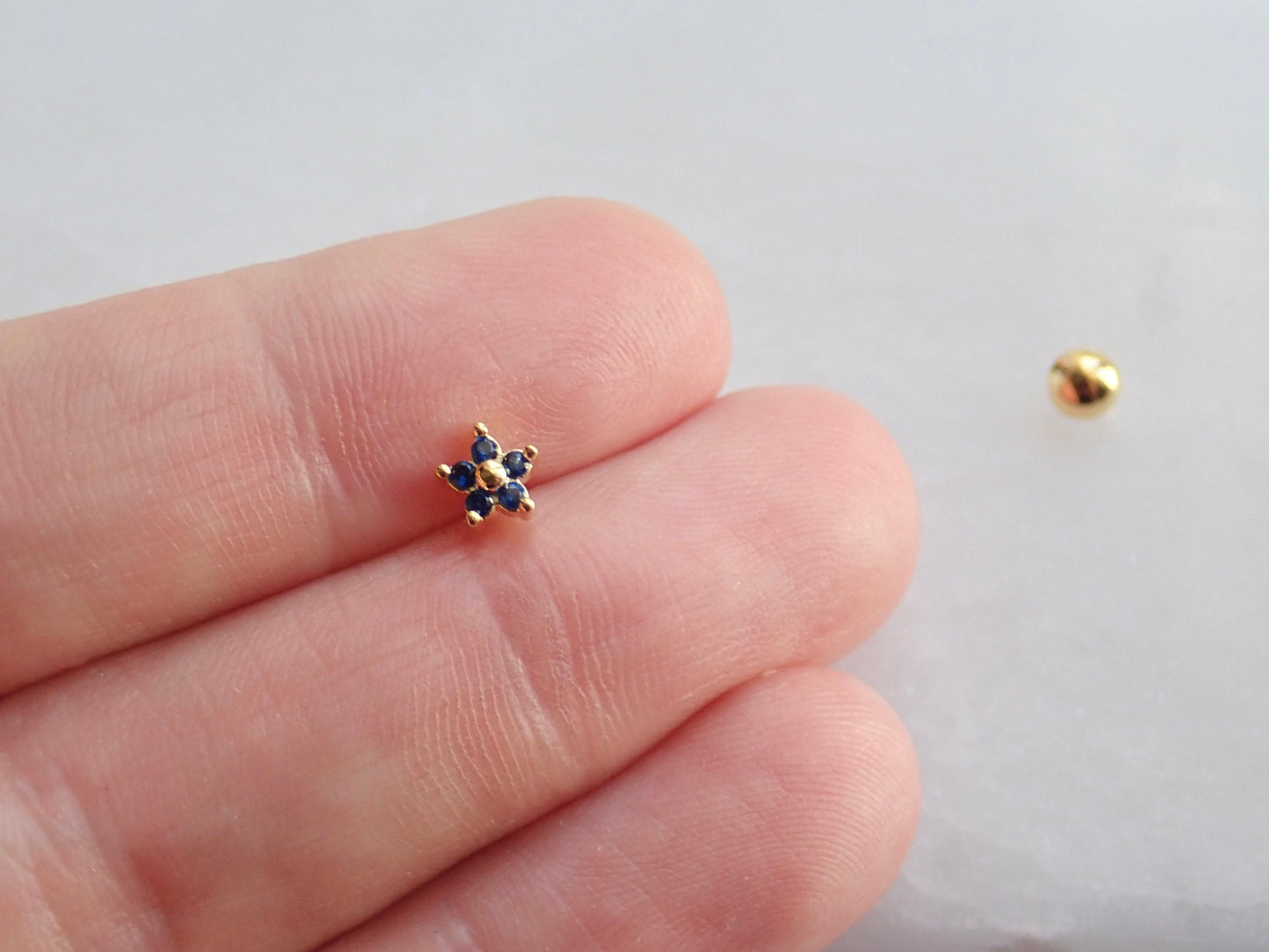 Blue CZ Flower Stud Earrings • Sterling Silver with 14K Gold Plating • Small Screw Back Earrings • Dainty Floral Studs for Second Hole