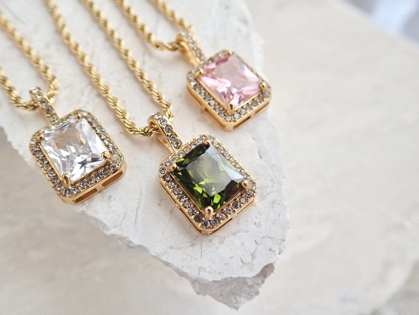 Waterproof Zircon Emerald Cut Gemstone Necklace – 18k Gold Filled Pavé Pendant on Chunky Rope Chain – Tarnish-Free Jewelry in Pink, Olivine, or Diamond