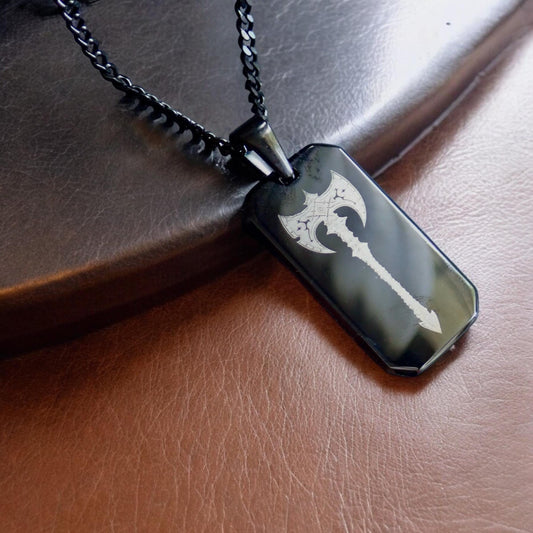 Men's Black Stainless Steel Dog Tag Necklace – Double-Sided Viking Axe Laser Engraved