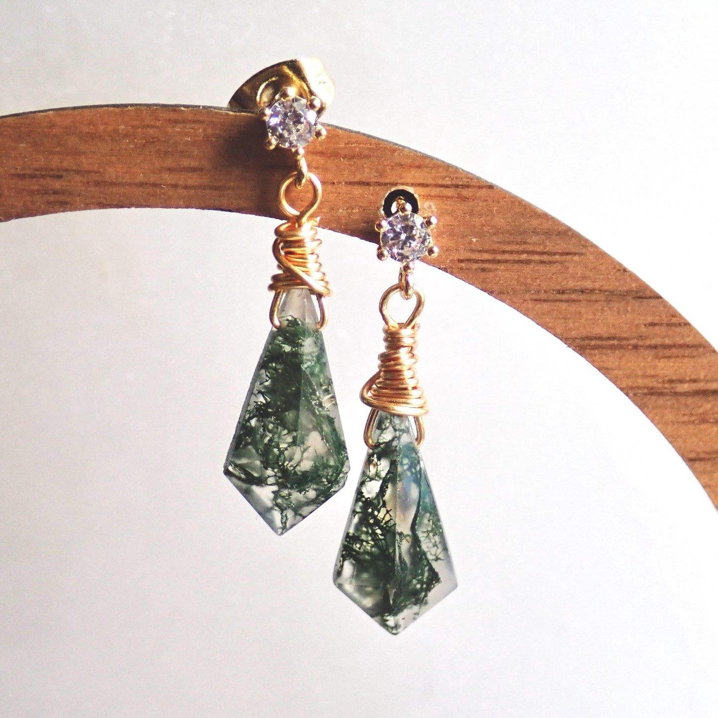 Moss Agate Stud Earrings, Crystal Dangle Earrings, 14K Gold Fill - Kite Shaped Gemstone
