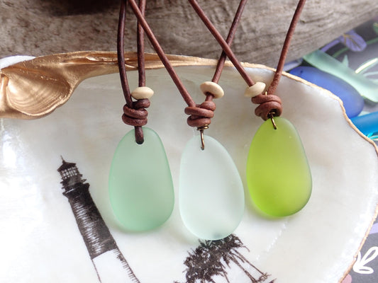 Men’s Leather Cord Necklace with Sea Glass Pendant – Boho Coastal Jewelry