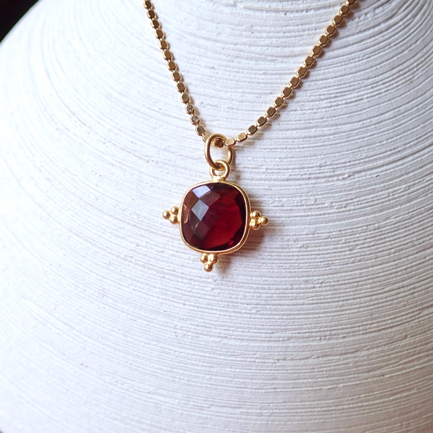 Square Ruby Pendant Necklace – 14k Gold Vermeil Fancy Bezel on 18k Gold Fill Chain, Luxe July Birthstone Jewelry