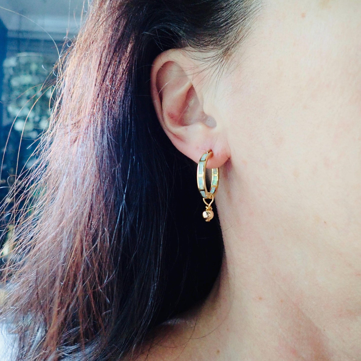 Luxury Opal Inlay Gold Hoop Earrings • 14K Gold Plated Medium Hoops • Elegant Birthstone Jewelry • Dainty October Gift • Fine Minimalist Earrings