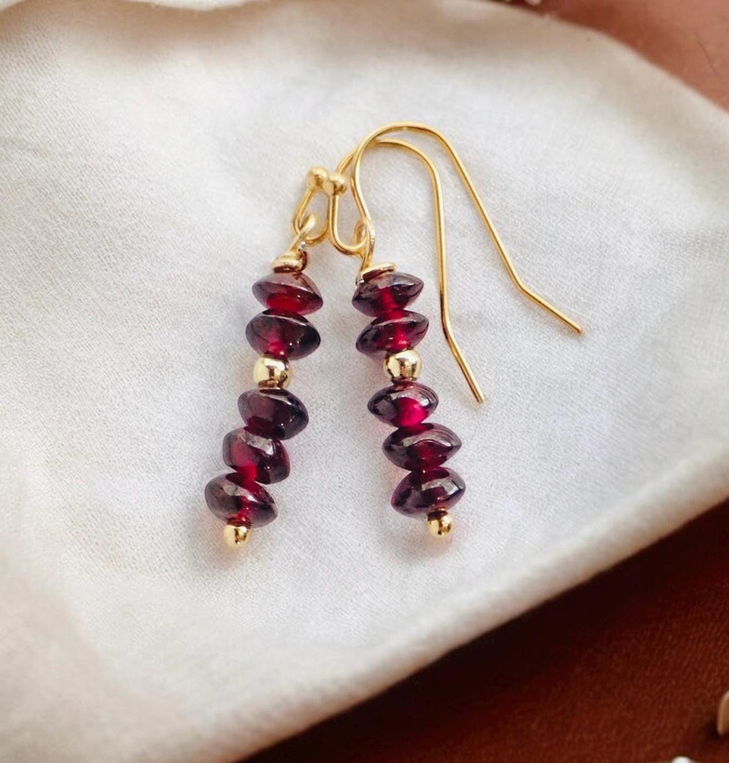 Romantic Garnet Dangle Earrings – January Birthstone with Gold Fill Accents on 14k Gold Fill Ear Wires