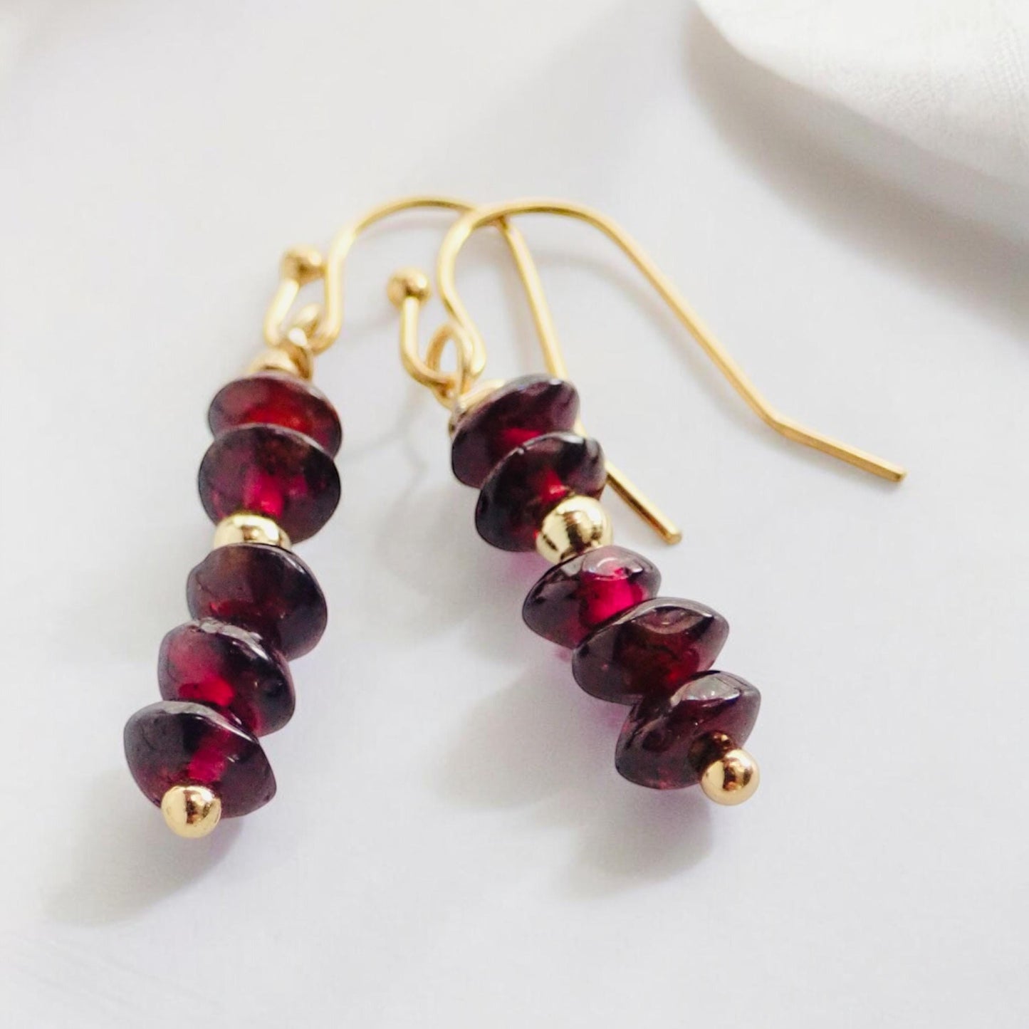 Romantic Garnet Dangle Earrings – January Birthstone with Gold Fill Accents on 14k Gold Fill Ear Wires