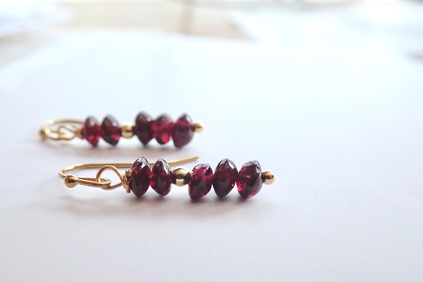 Romantic Garnet Dangle Earrings – January Birthstone with Gold Fill Accents on 14k Gold Fill Ear Wires