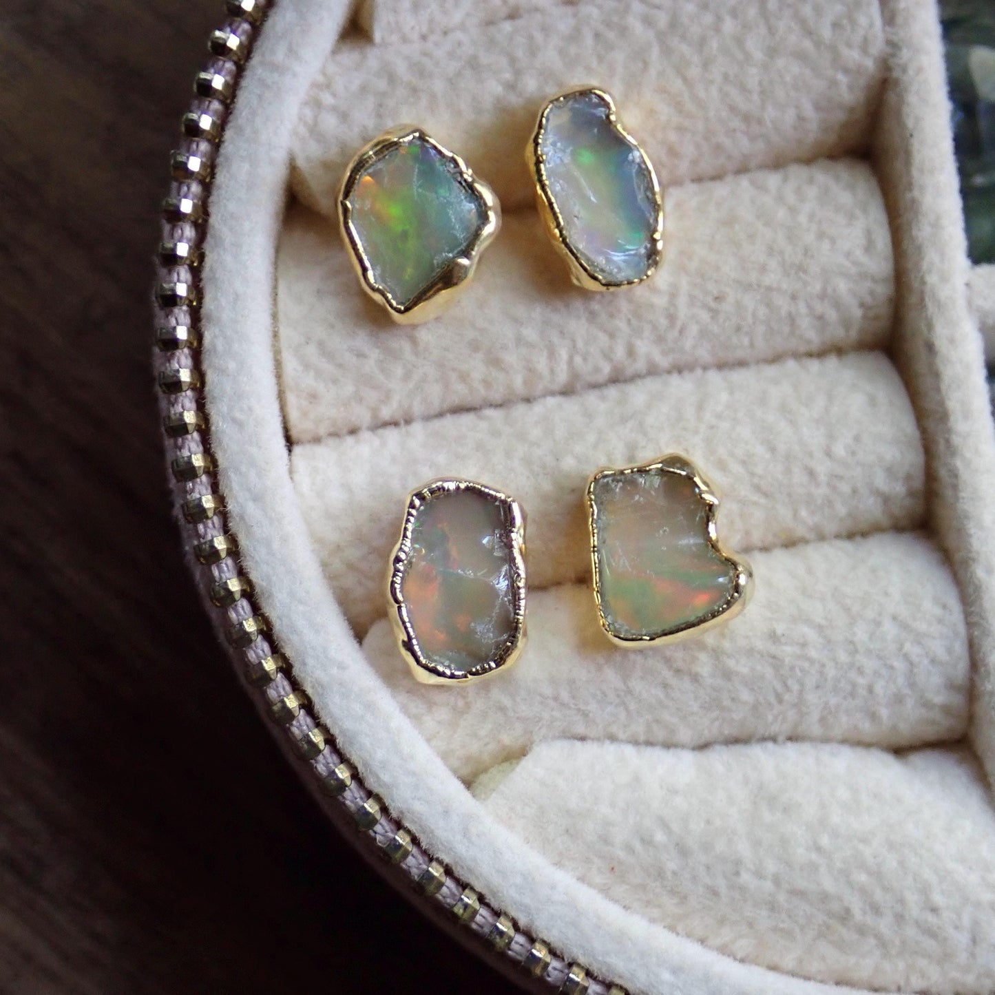 Raw Fire Opal Stud Earrings – 14k Gold Electroplated Sterling Silver – Genuine October Birthstone – Hypoallergenic Gold Posts – Handmade Gift for Her