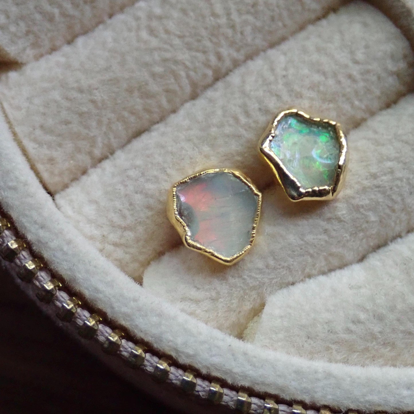 Raw Fire Opal Stud Earrings – 14k Gold Electroplated Sterling Silver – Genuine October Birthstone – Hypoallergenic Gold Posts – Handmade Gift for Her
