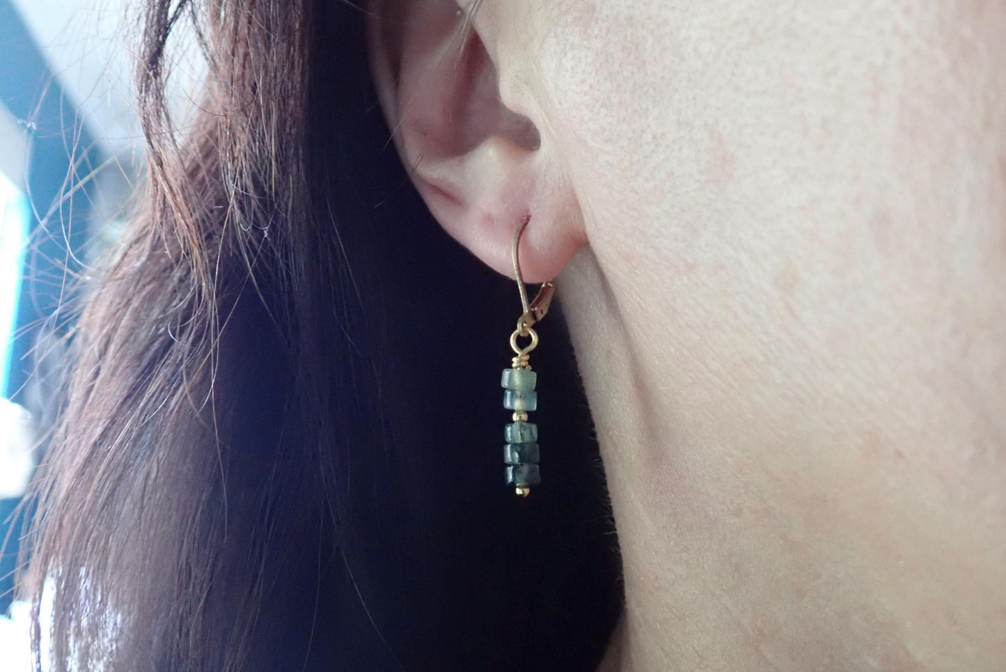 Moss Agate Dangle Earrings - Natural Gemstone Drop Earrings - 14K Gold Fill Leverback Earrings