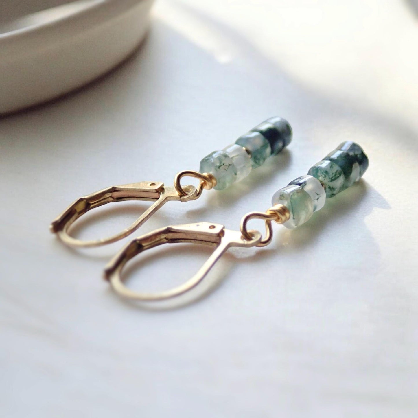 Moss Agate Dangle Earrings - Natural Gemstone Drop Earrings - 14K Gold Fill Leverback Earrings