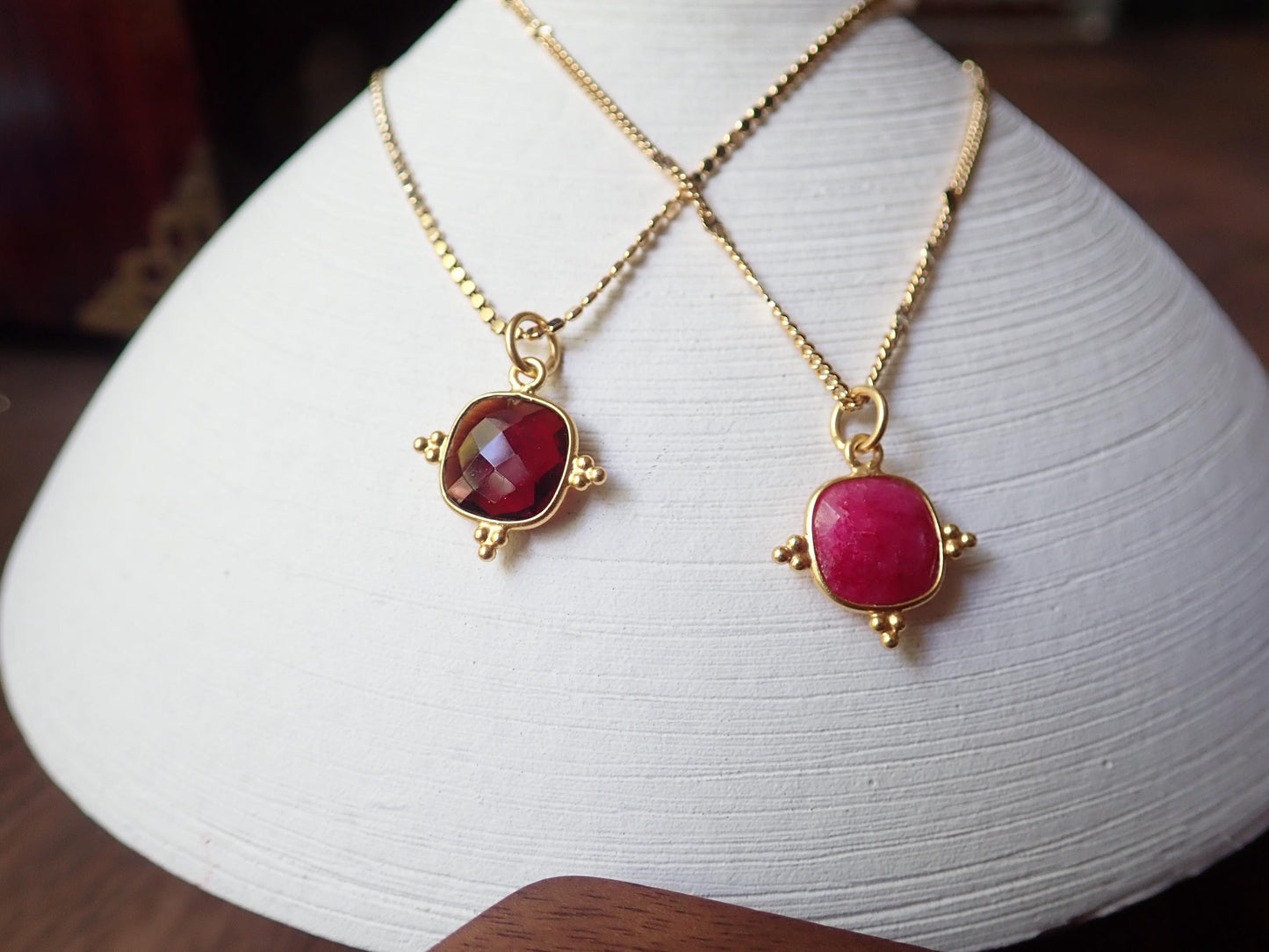 Cushion-Cut Gemstone Necklace – Ruby, Emerald, Garnet, or Sapphire in 14k Gold Fancy Bezel, 18k Gold Fill Chain