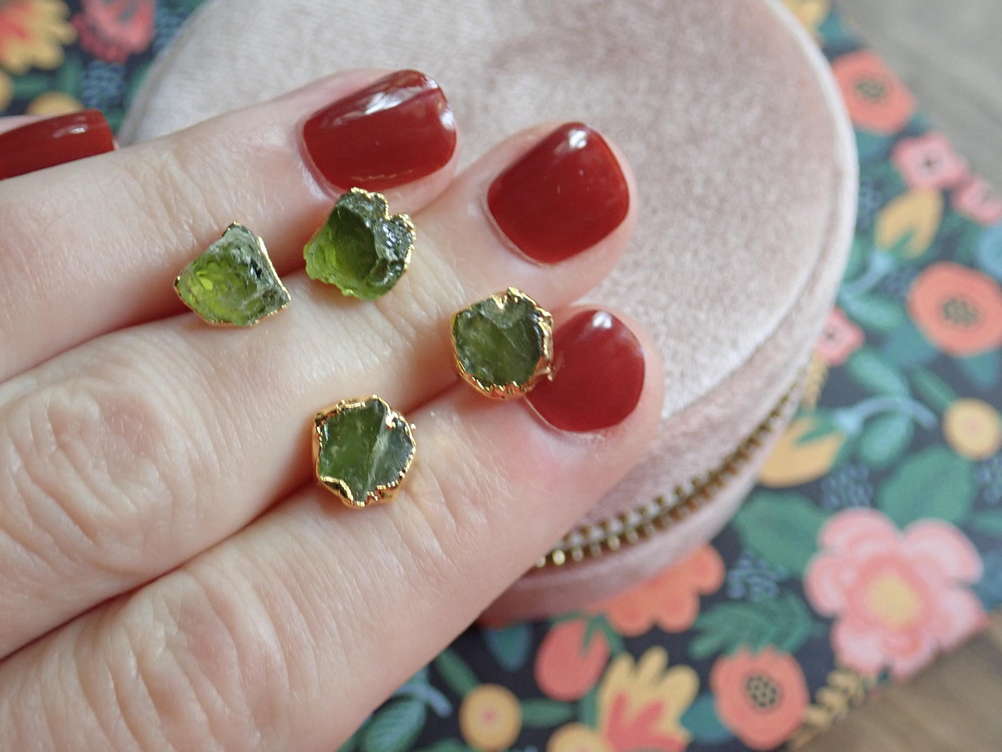 Raw Peridot Stud Earrings - Natural Green Crystal Gemstone - August Birthday Gift