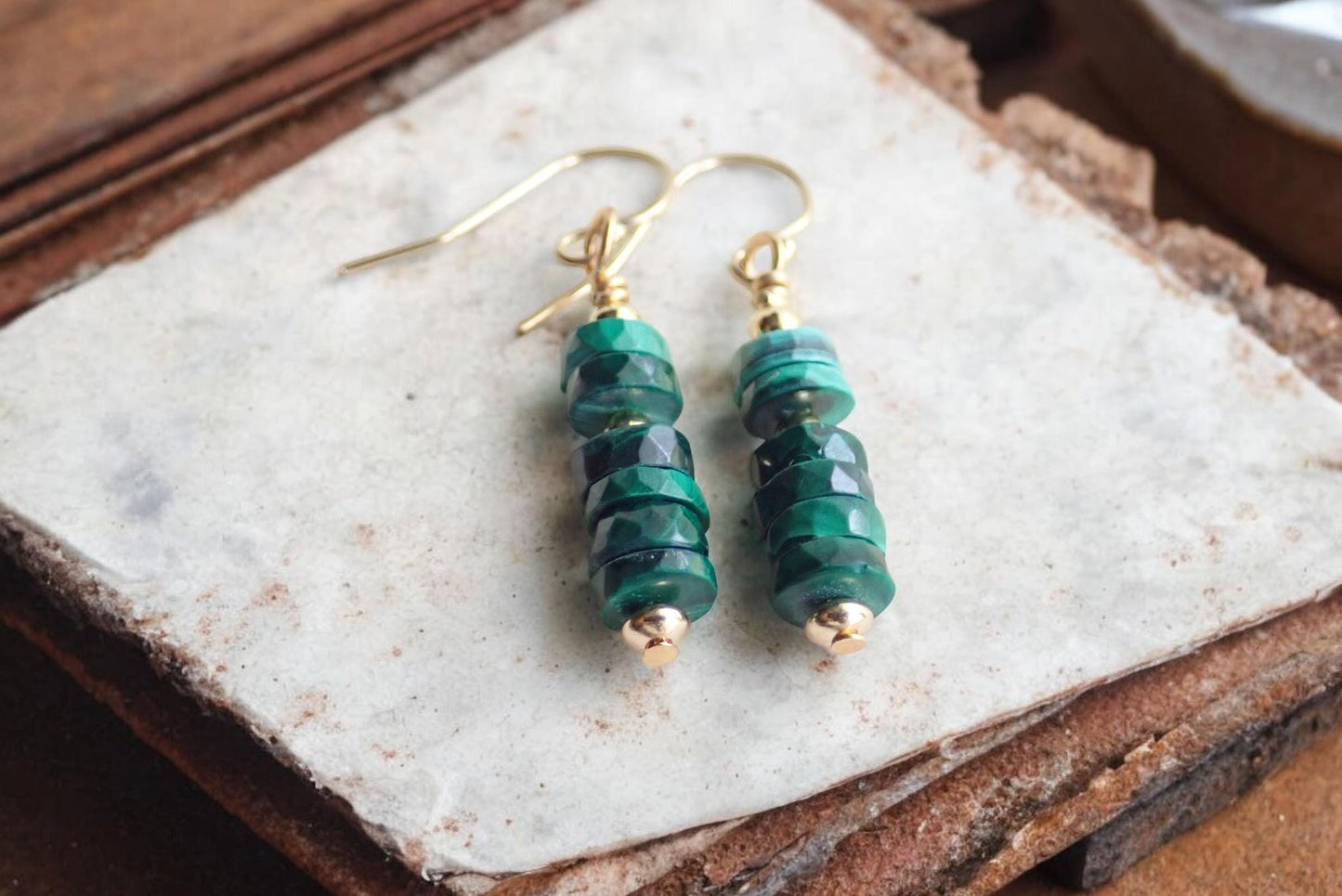 Minimalist Malachite Dangles – Gold Fill Earrings with Natural Gemstones