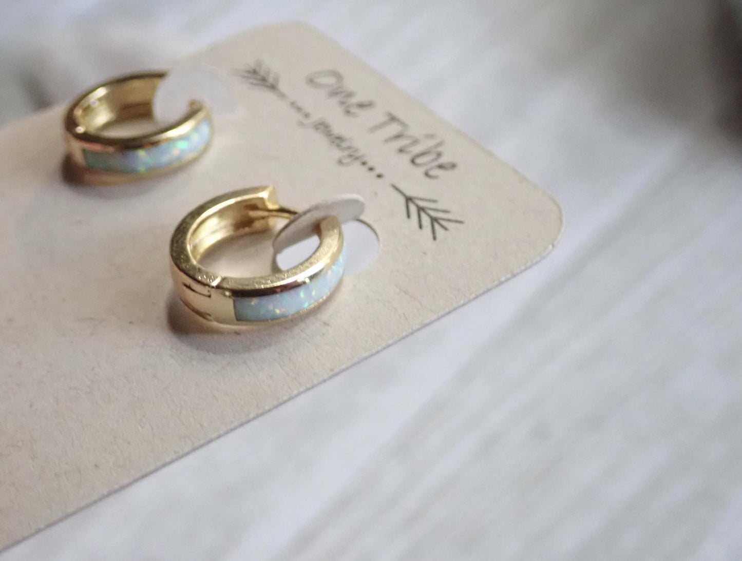 Opal Inlay Huggie Hoops - Blue or White Opal Earrings - Gold Gemstone Hoops