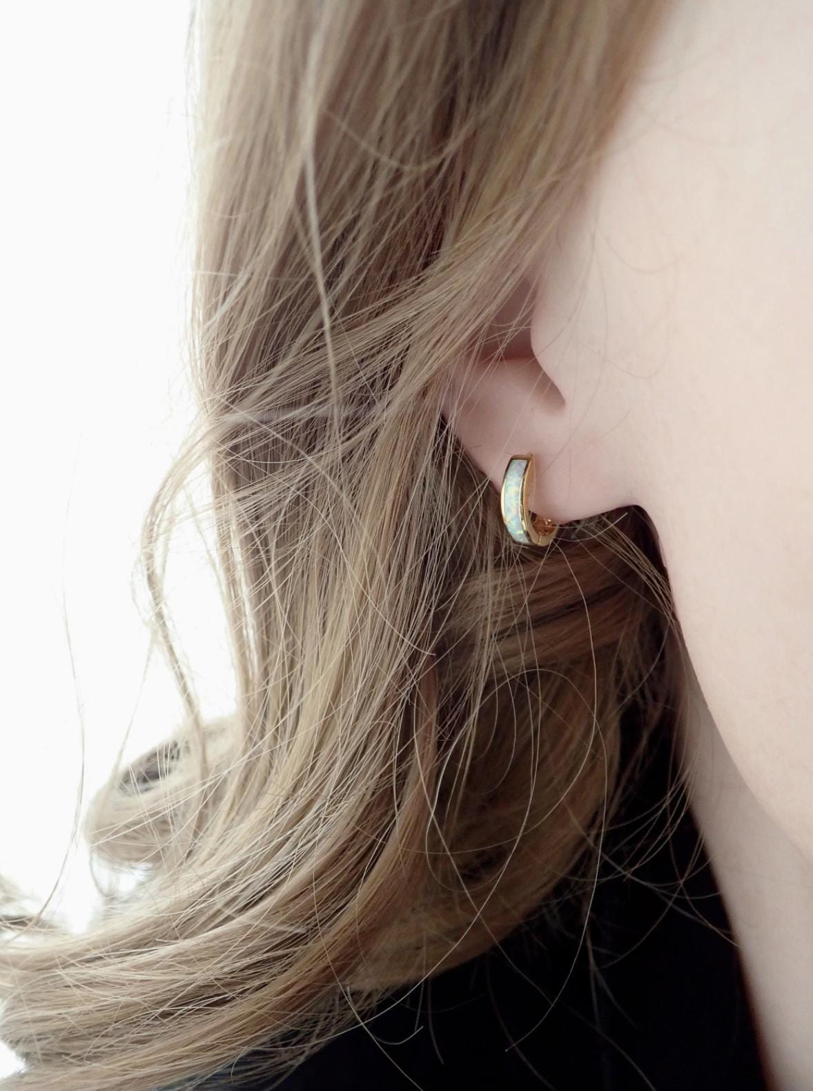 Opal Inlay Huggie Hoops - Blue or White Opal Earrings - Gold Gemstone Hoops