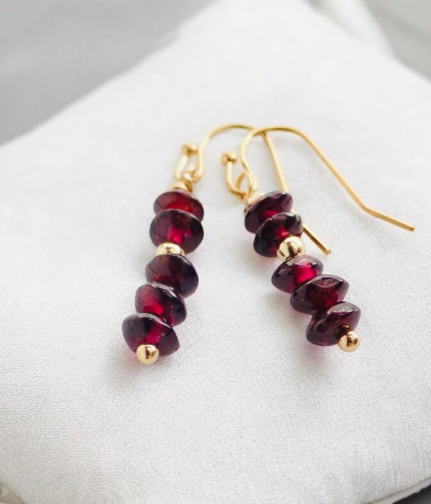 Romantic Garnet Dangle Earrings – January Birthstone with Gold Fill Accents on 14k Gold Fill Ear Wires