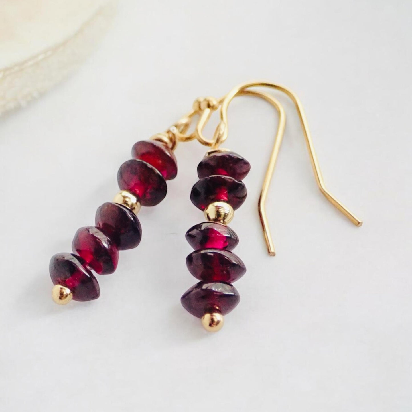 Romantic Garnet Dangle Earrings – January Birthstone with Gold Fill Accents on 14k Gold Fill Ear Wires