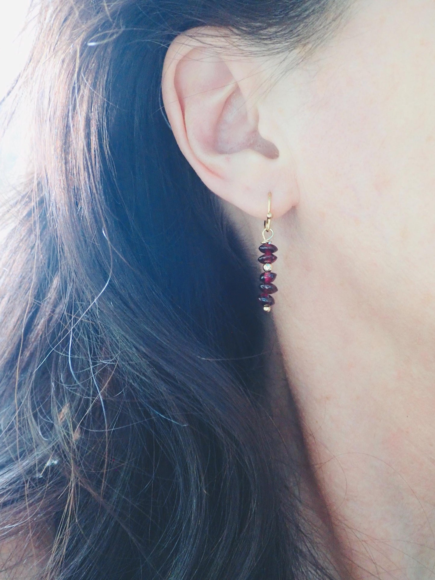 Romantic Garnet Dangle Earrings – January Birthstone with Gold Fill Accents on 14k Gold Fill Ear Wires