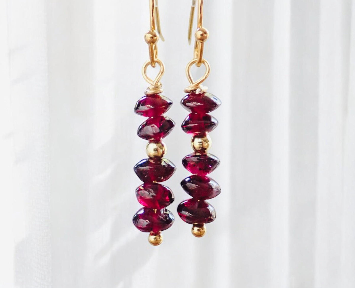 Romantic Garnet Dangle Earrings – January Birthstone with Gold Fill Accents on 14k Gold Fill Ear Wires