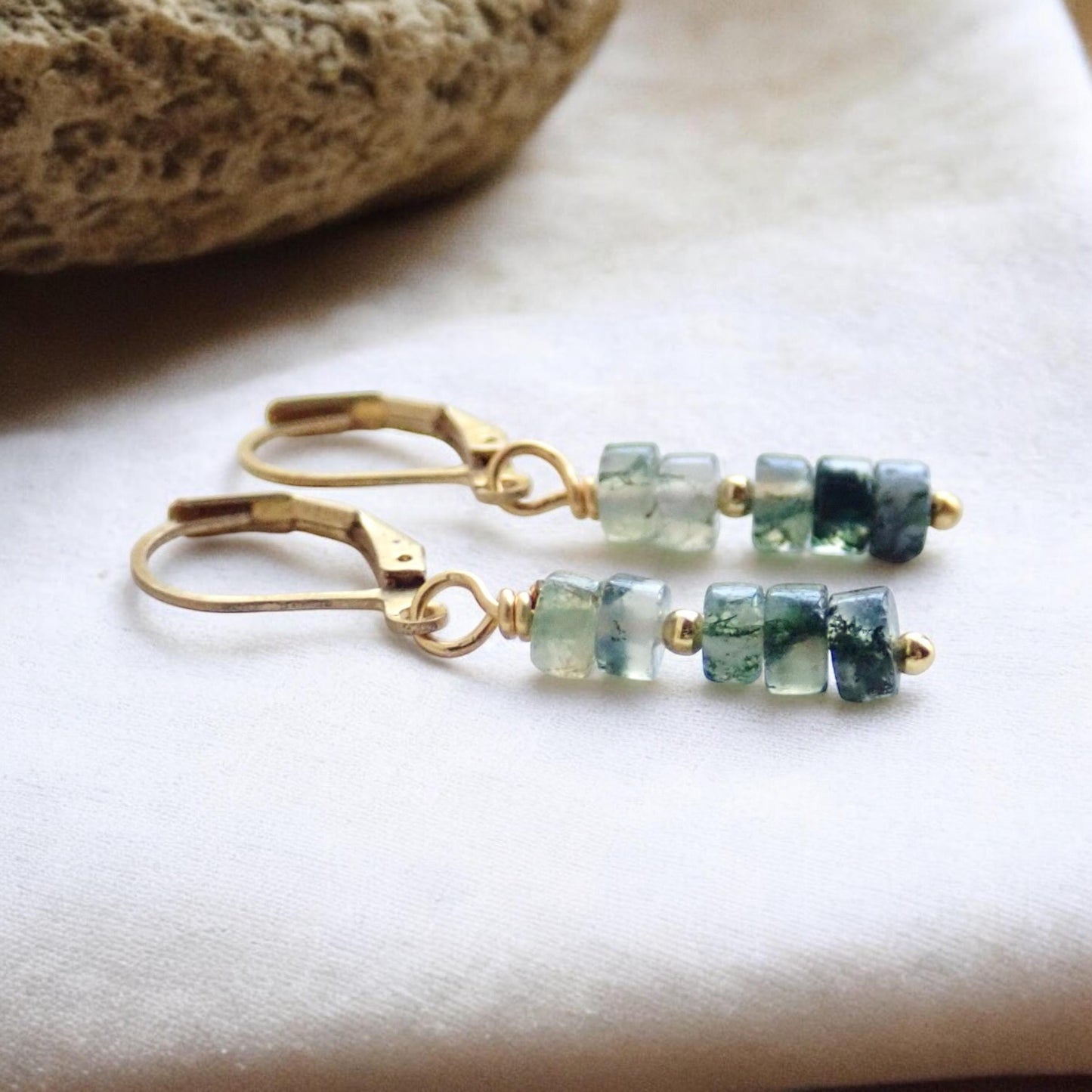 Moss Agate Dangle Earrings - Natural Gemstone Drop Earrings - 14K Gold Fill Leverback Earrings
