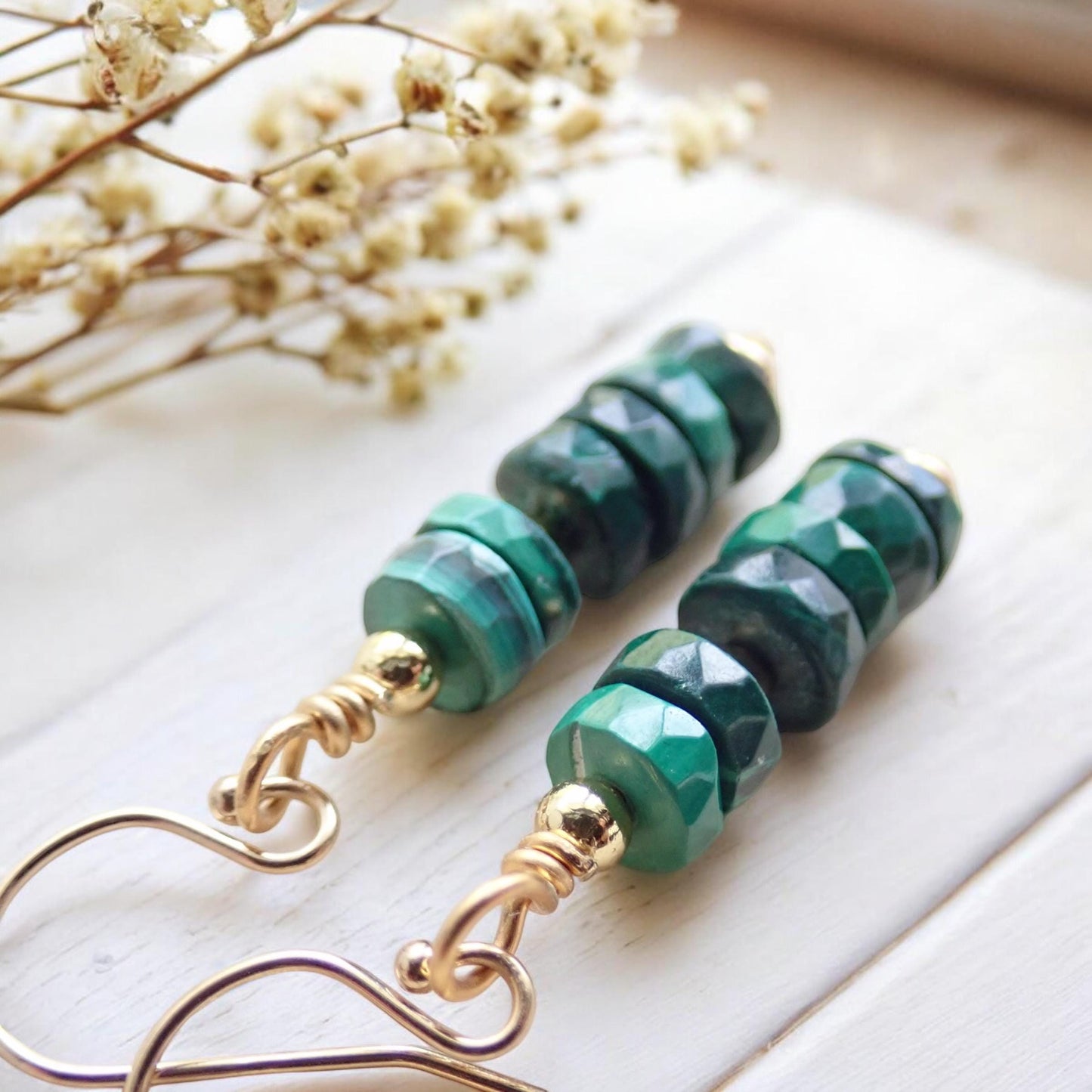 Minimalist Malachite Dangles – Gold Fill Earrings with Natural Gemstones