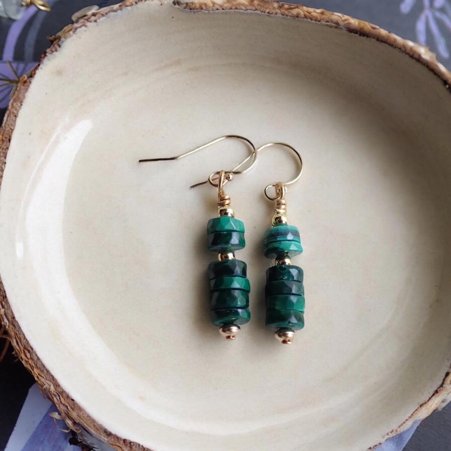 Minimalist Malachite Dangles – Gold Fill Earrings with Natural Gemstones