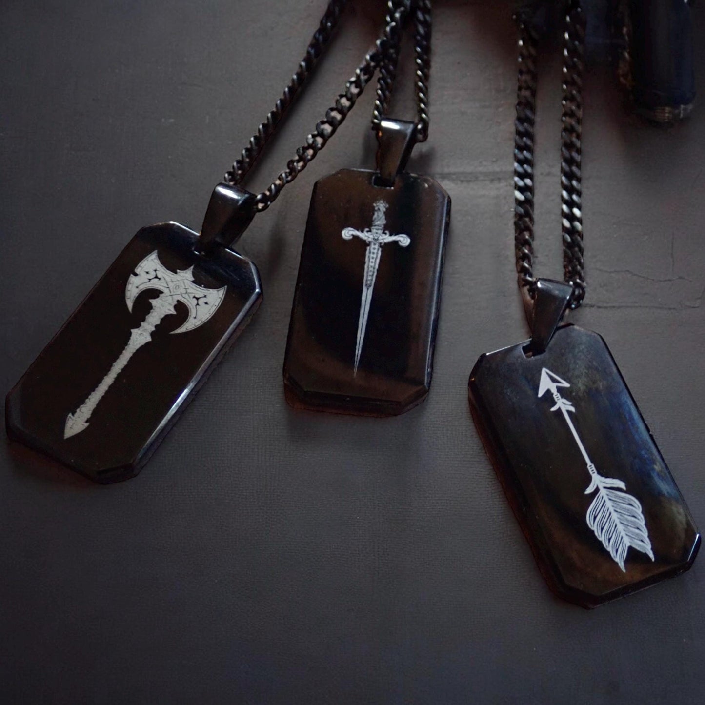 Men’s Black Stainless Steel Dog Tag Necklace – Sword Engraved Pendant with Cuban Chain – Shiny Laser Etched Warrior Jewelry