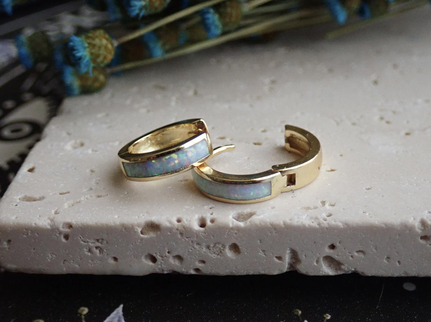 Opal Inlay Huggie Hoops - Blue or White Opal Earrings - Gold Gemstone Hoops